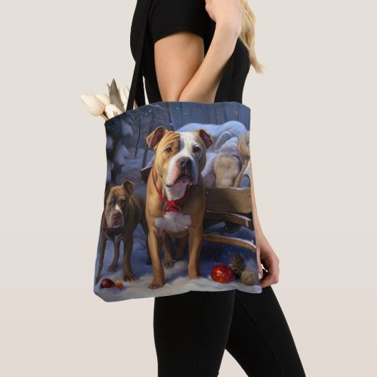 Pitbull Snowy Sleigh Kerst Decor Tote Bag (Dichtbij)