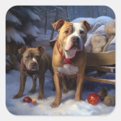 Pitbull Snowy Sleigh Kerst Decor Vierkante Sticker (Voorkant)