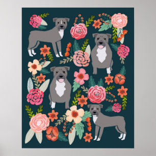 Pitbull Terrier Floral Dog Art Poster