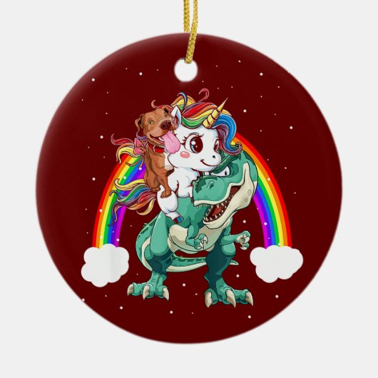 Pitbull Unicorn Riding Dinosaur T rex Funny Christ Keramisch Ornament (Voorkant)