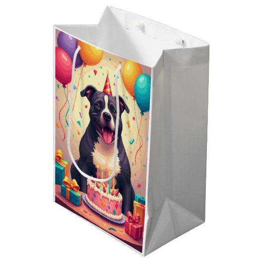 Pitbull verjaardagsfeest medium cadeauzakje (Voorkant Gekanteld)