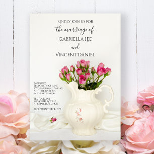  Pitcher met roze rozen bruiloft Kaart