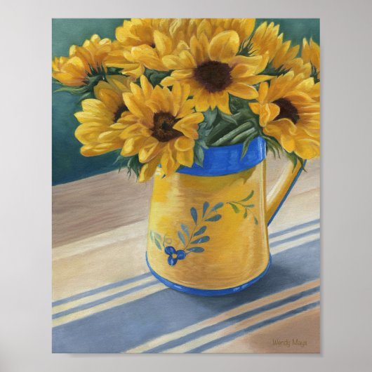 Pitcher van zonnebloemen op blauw gestript doek poster (Voorkant)
