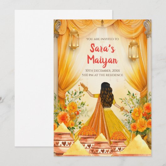 Pithi-uitnodigingen Maiyan-uitnodigingen, Haldi-ui Kaart (Voorkant / Achterkant)