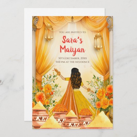 Pithi uitnodigingen Maya uitnodigingen, Haldi uitn (Voorkant / Achterkant)