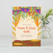 Pithi uitnodigingen Mayoun uitnodigingen, Haldi ui (Staand voorkant)