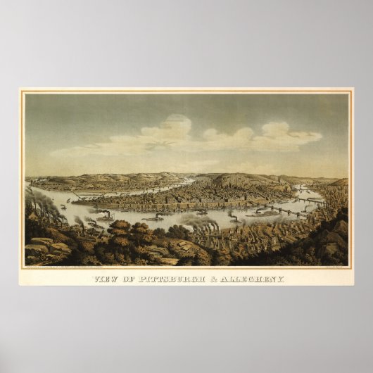 Pitsburgh birdseye map - 1874 (Krebs) BigMapBlog Poster (Voorkant)