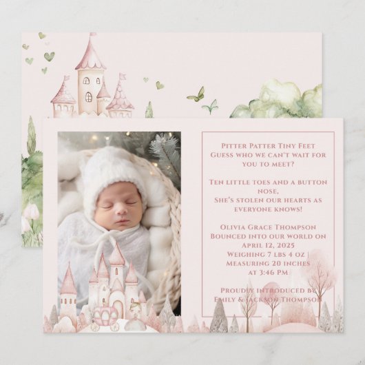 Pitter Patter Voeten Prinses Baby Meisje Geboorte Aankondiging (Voorkant / Achterkant)