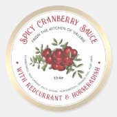 Pittige cranberry mierikswortel saus met rode bes ronde sticker (Voorkant)