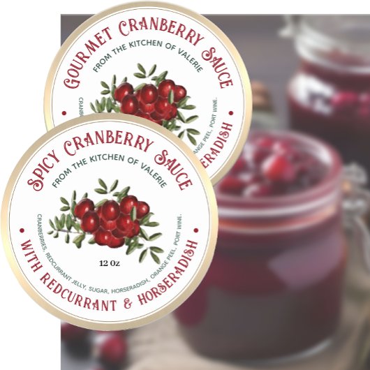Pittige cranberry mierikswortel saus met rode bes ronde sticker