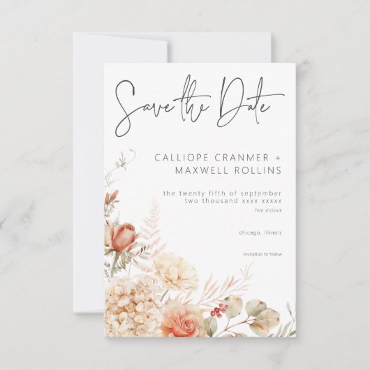 Pittige Herfst Roest & Blush Bloemen Bruiloft Save The Date (Voorkant)