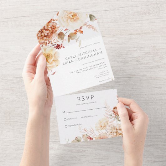 Pittige Herfst Roest & Blush Boho Bloemen Geen Din All In One Uitnodiging (Afscheurbaar)