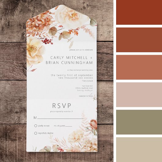 Pittige Herfst Roest & Blush Boho Bloemen Geen Din All In One Uitnodiging