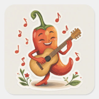 Pittige Melodieën – Vrolijke Chilipeper Gitaar Vierkante Sticker
