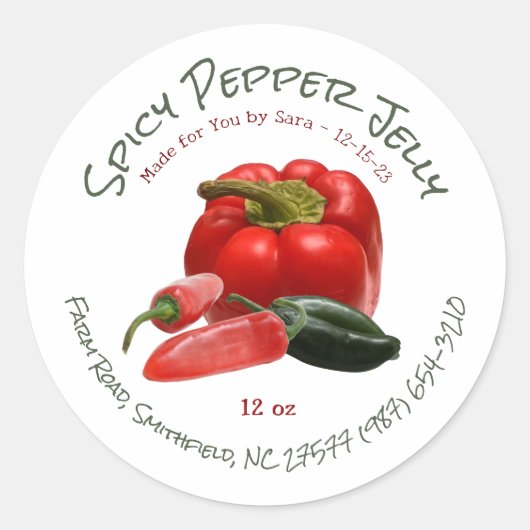 Pittige Peper Jelly met Rode en Groene Peppers Ronde Sticker (Voorkant)