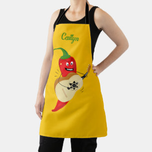 Pittige rode chili peper spelen gitaar plezier schort