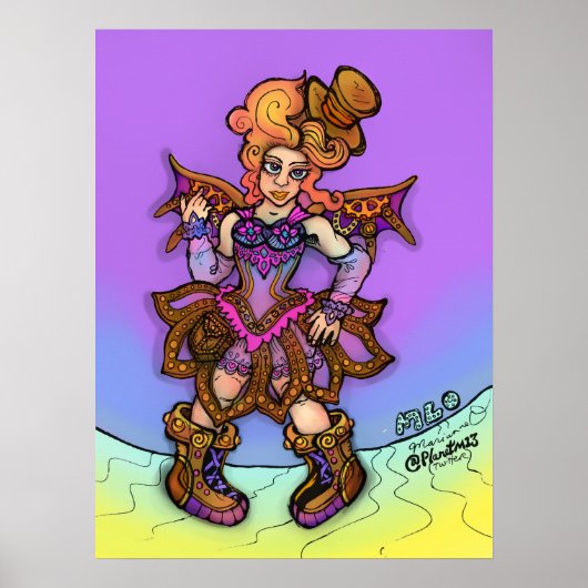 Pittige Steampunk Dame Met Hoed En Vleugels Kunst Poster (Voorkant)