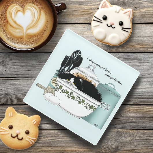 Pittige Tuxedo Kat Vintage Kom Aqua Retro Keuken  Glazen Onderzetter