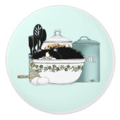 Pittige Tuxedo Kat Vintage Kom Aqua Retro Keuken  Keramische Knop (Voorkant)
