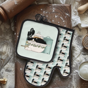 Pittige Tuxedo Kat Vintage Kom Aqua Retro Keuken Ovenwant & Pannenlap Set