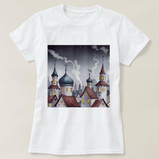 Pittoresk stad bij nacht t-shirt (Design voorkant)