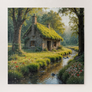 Pittoresk stenen cottage aan een bosbeek legpuzzel