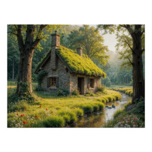 Pittoresk stenen cottage aan een bosbeek perfect poster