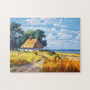 Pittoresk zandpad dat leidt naar een met riet gede legpuzzel