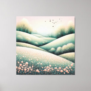 Pittoreske lentheuvels met bloeiende bomen canvas afdruk