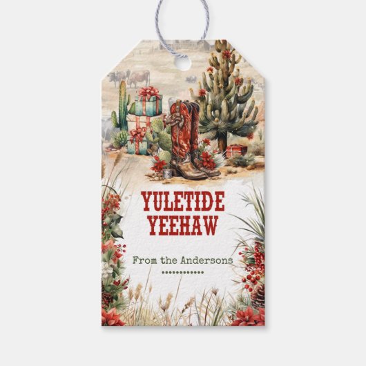 Pittoreske wilde west Santa cowboylaarzen western Cadeaulabel (Voorkant)