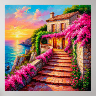 Pittoreske zonsondergang boven kustvilla poster
