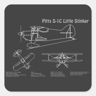 Pitts S-1C - Vliegtuigblauwdruk Plans PD Vierkante Sticker