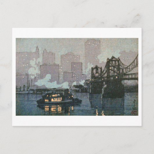 Pittsburgh bij nacht, Hiroshi Yoshida, Woodcut Briefkaart (Voorkant)