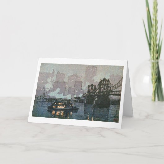 Pittsburgh bij nacht, Hiroshi Yoshida, Woodcut Kaart (Voorkant)