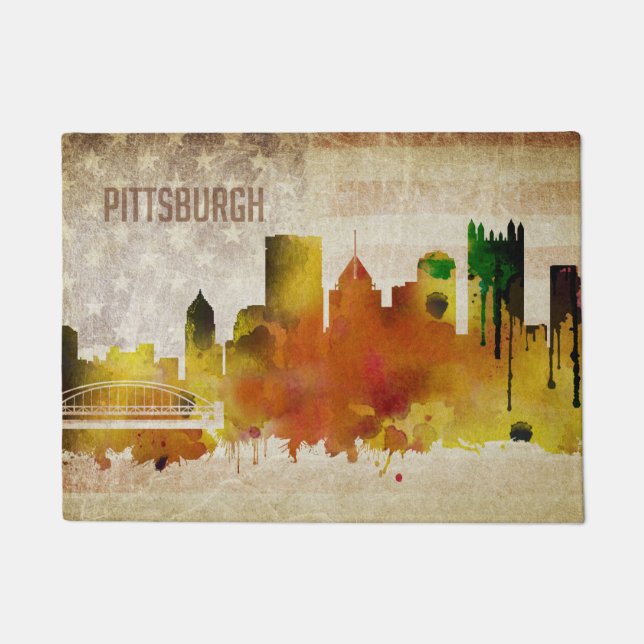 Pittsburgh, PA | Waterverf City Skyline Deurmat (Voorkant)