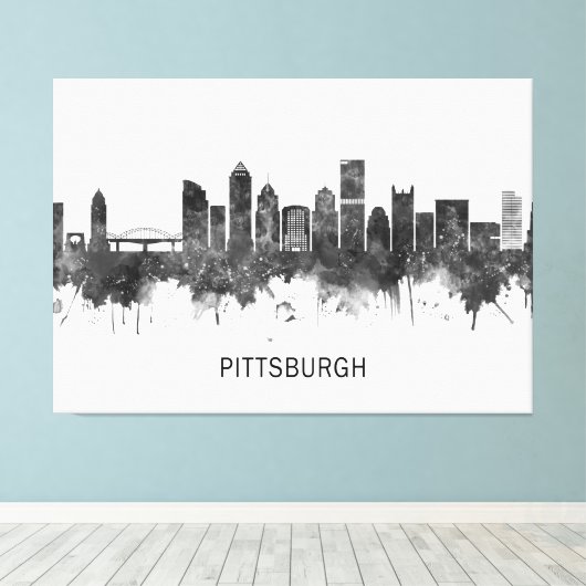 Pittsburgh Pennsylvania Skyline BW Canvas Afdruk (Insitu (Houten vloer))