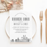 Pittsburgh Rehearsal Dinner | City Skyline Kaart<br><div class="desc">Een unieke uitnodiging voor een repetitief diner voor een huwelijk in de prachtige stad Pittsburgh, Pennsylvania. Deze uitnodiging bevat een gestileerde illustratie van de unieke skyline van de stad. Dit wordt gevolgd door je repetitieve dinerinformatie in een vergelijkbare open stijl. Aan de achterkant van de uitnodiging is een diepe kleur...</div>