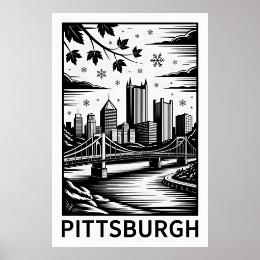 Pittsburgh Silhouet Zwart & Wit Winterstad Poster (Voorkant)