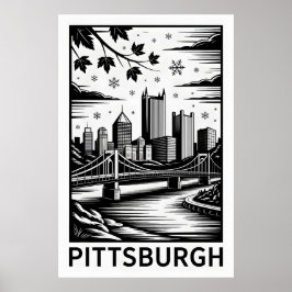 Pittsburgh Skyline Black & White Winter City Poster
