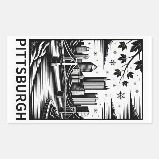 Pittsburgh Skyline Black & White Winter City Rechthoekige Sticker (Voorkant)