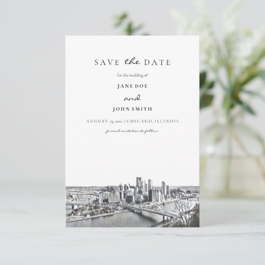 Pittsburgh Skyline Flat Save the Date Card (Staand voorkant)