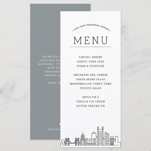 Pittsburgh Skyline | Huwelijksevenement Diner Menu (Voorkant / Achterkant)