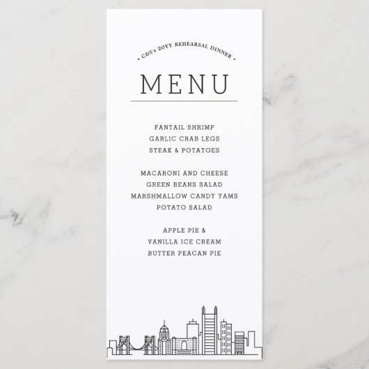 Pittsburgh Skyline | Huwelijksevenement Diner Menu (Voorkant)