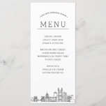 Pittsburgh Skyline | Huwelijksevenement Diner Menu<br><div class="desc">Een set van gepersonaliseerde menu's voor uw volgende bruiloft-thema evenement in de prachtige stad Pittsburgh, Pennsylvania. Het heeft een deco-stijl illustratie van de skyline van de stad. Hierboven zijn vlekken voor uw unieke menuselectie. Aan de achterzijde is een zachte nikkelgrijze kleur met ruimte voor uw eigen unieke boodschap om uw...</div>