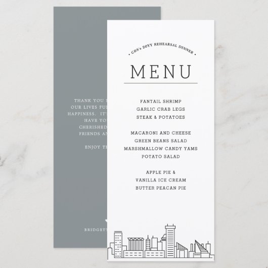 Pittsburgh Skyline | Huwelijksevenement Diner Menu (Voorkant / Achterkant)