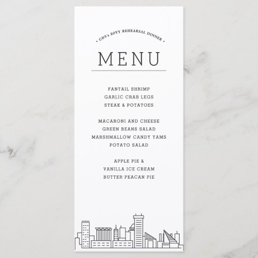 Pittsburgh Skyline | Huwelijksevenement Diner Menu (Voorkant)