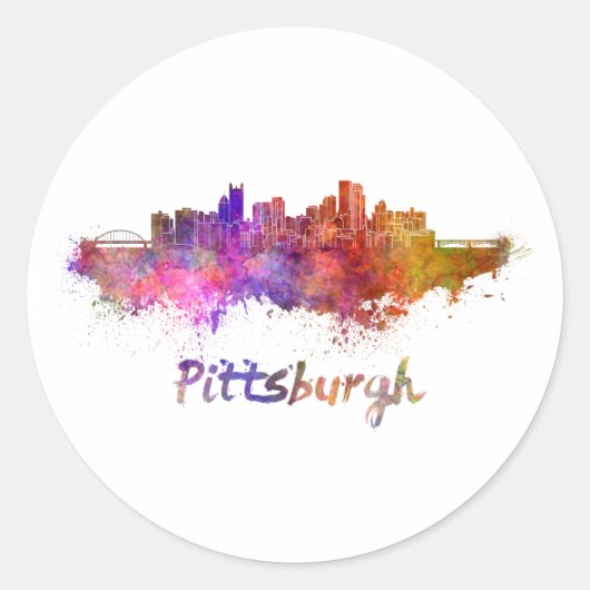 Pittsburgh skyline in watercolor ronde sticker (Voorkant)