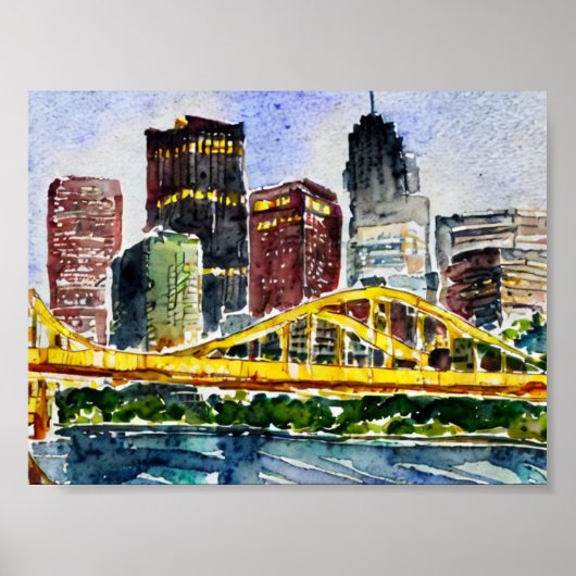 Pittsburgh Skyline waterverf schilderij Poster (Voorkant)