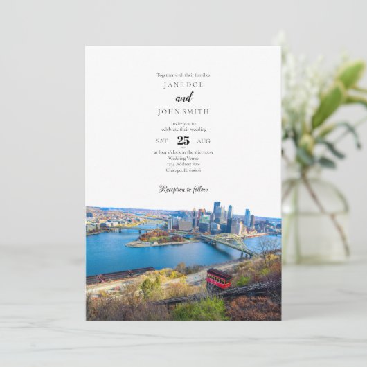 Pittsburgh Skyline Wedding Invitation Kaart (Staand voorkant)