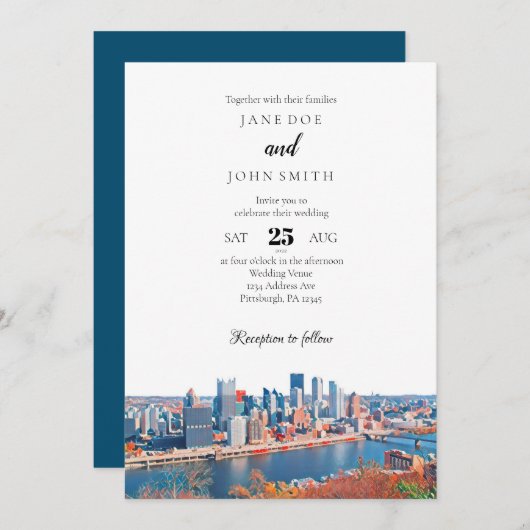 Pittsburgh Skyline Wedding Invitation Kaart (Voorkant / Achterkant)